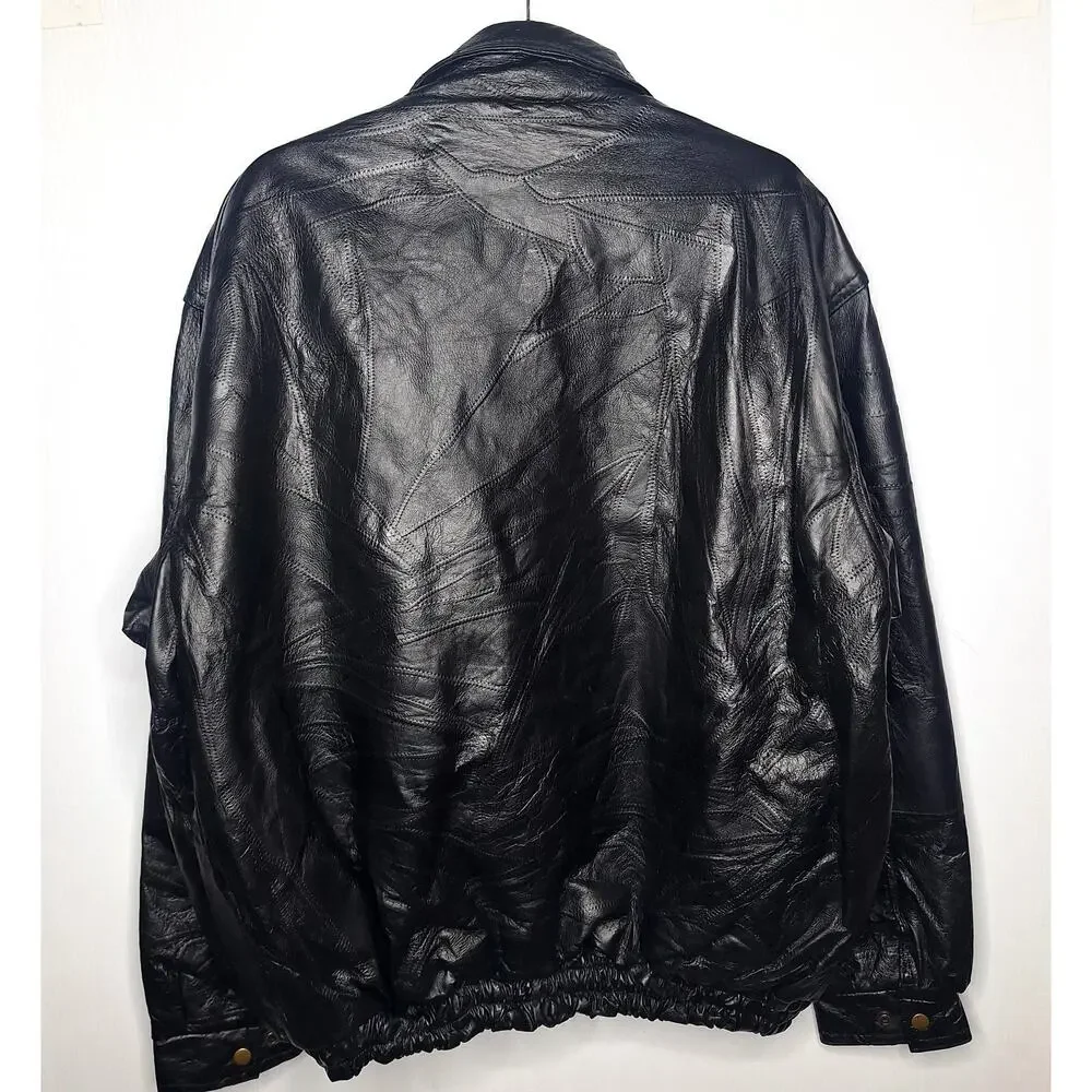 Vintage 90s Men's Leather Bomber Jacket Napoline Outfitters 2X Patchwork Black